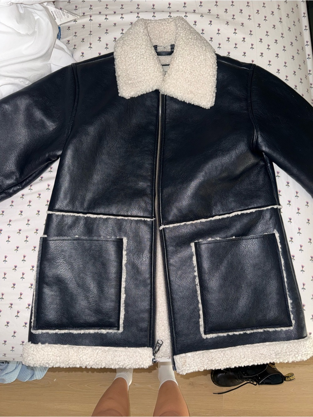 Abercrombie & Fitch Black Vegan Leather Jacket with Cream Sherpa